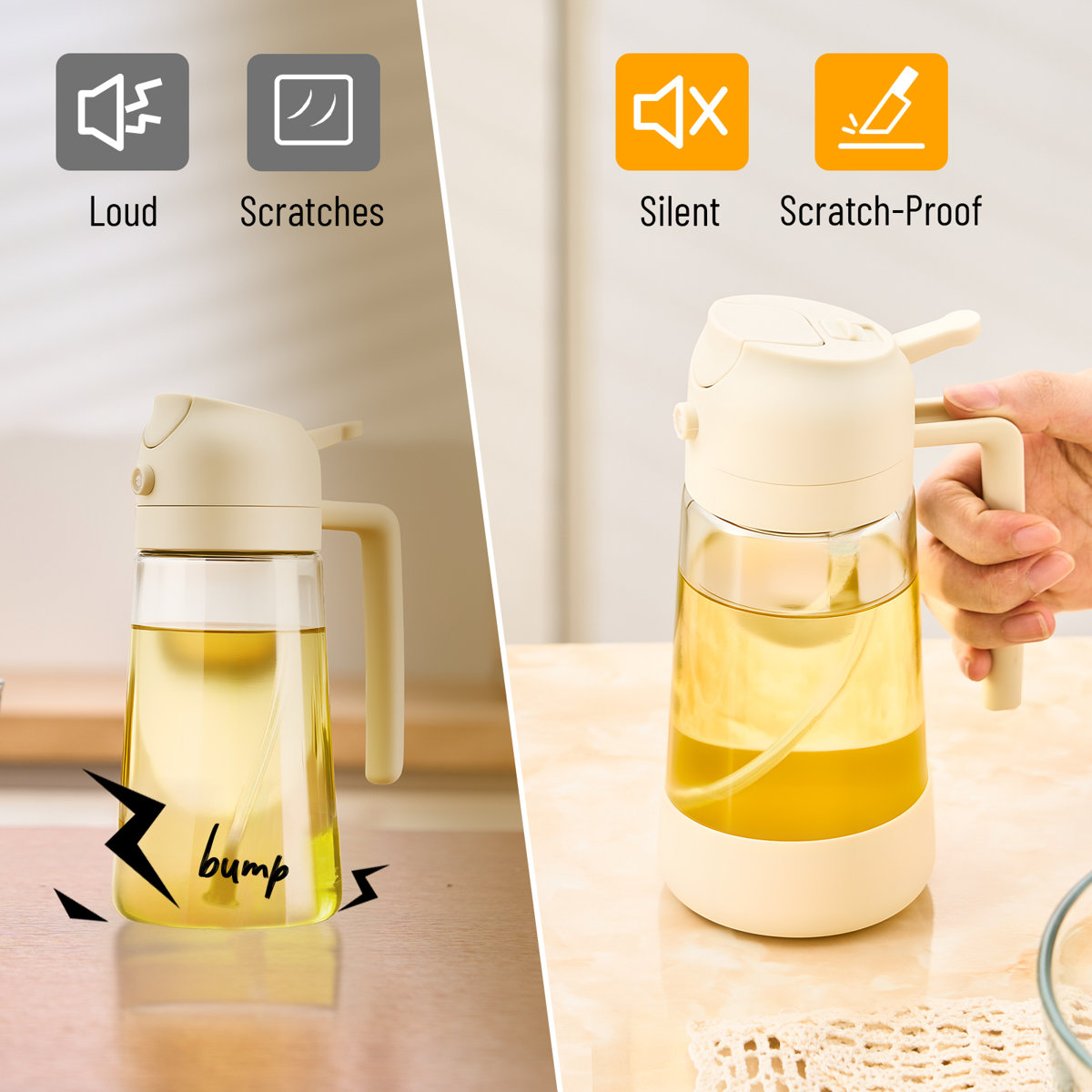 16 oz glass oil jug kitchen seasoning bottle, leak-proof olive oil storage bottle with non-slip silicone bottom, kitchen supplies for catering, cooking and salad dressing, with spray and pouring functions.2-in-1 olive oil dispenser.